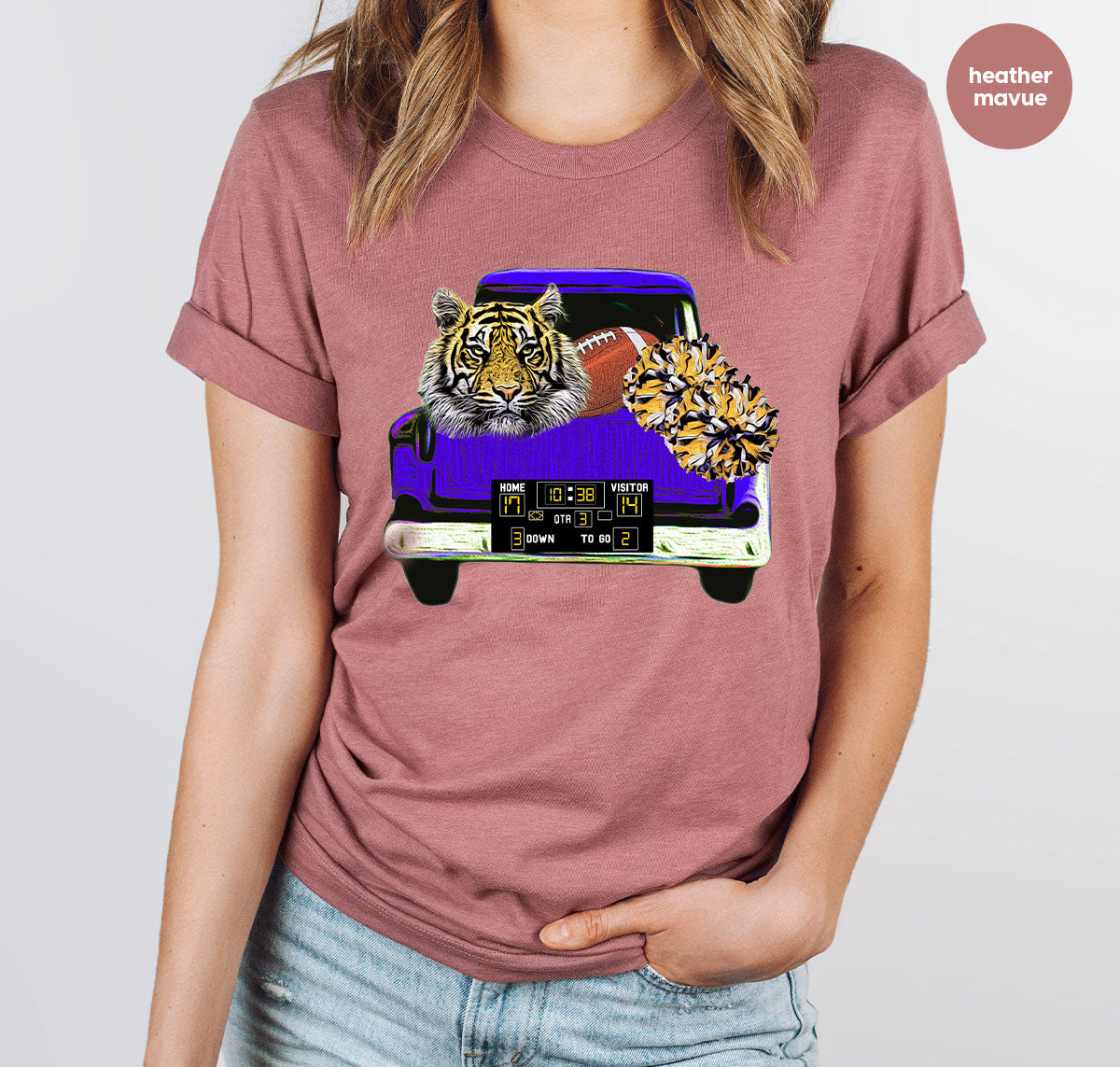 Football Truck Shirt, Tiger Graphic Tees, Football Mom TShirt, Football Gifts for Her, Cheer Vneck Shirt, Gift for Him, Sports Clothing