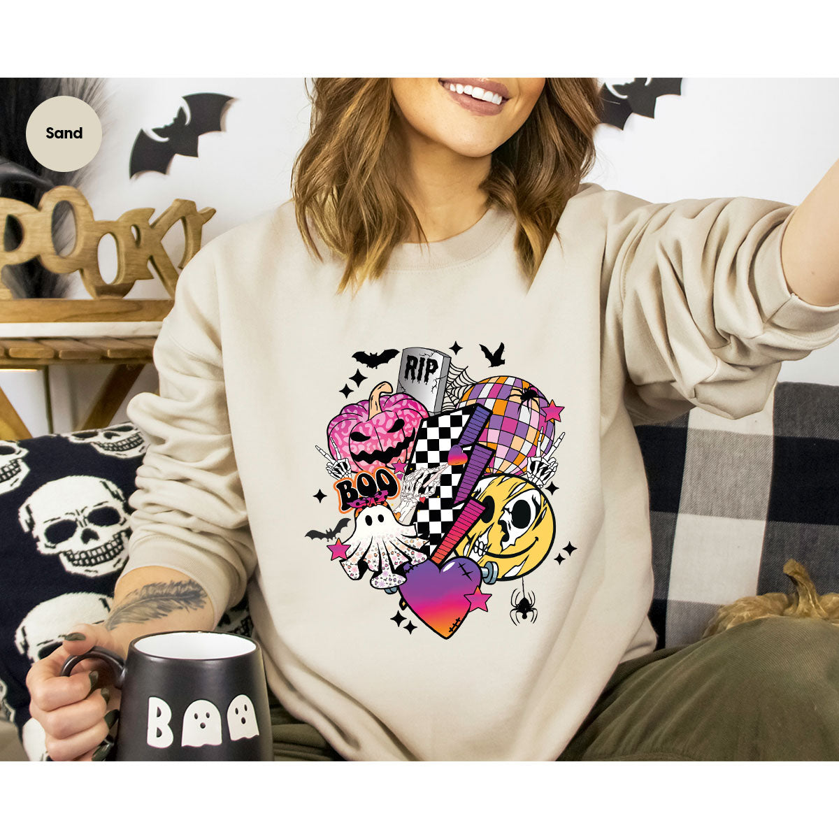 Halloween Shirt, Halloween Gifts, Spooky Season Shirt, Pumpkin Graphic Tees, Girls Fall Clothing, Halloween Party Outfit, Ghost Vneck Shirt