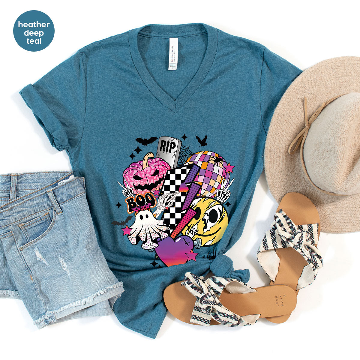 Halloween Shirt, Halloween Gifts, Spooky Season Shirt, Pumpkin Graphic Tees, Girls Fall Clothing, Halloween Party Outfit, Ghost Vneck Shirt