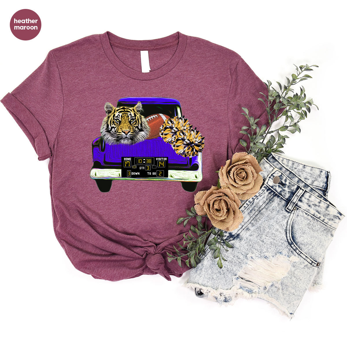 Football Truck Shirt, Tiger Graphic Tees, Football Mom TShirt, Football Gifts for Her, Cheer Vneck Shirt, Gift for Him, Sports Clothing