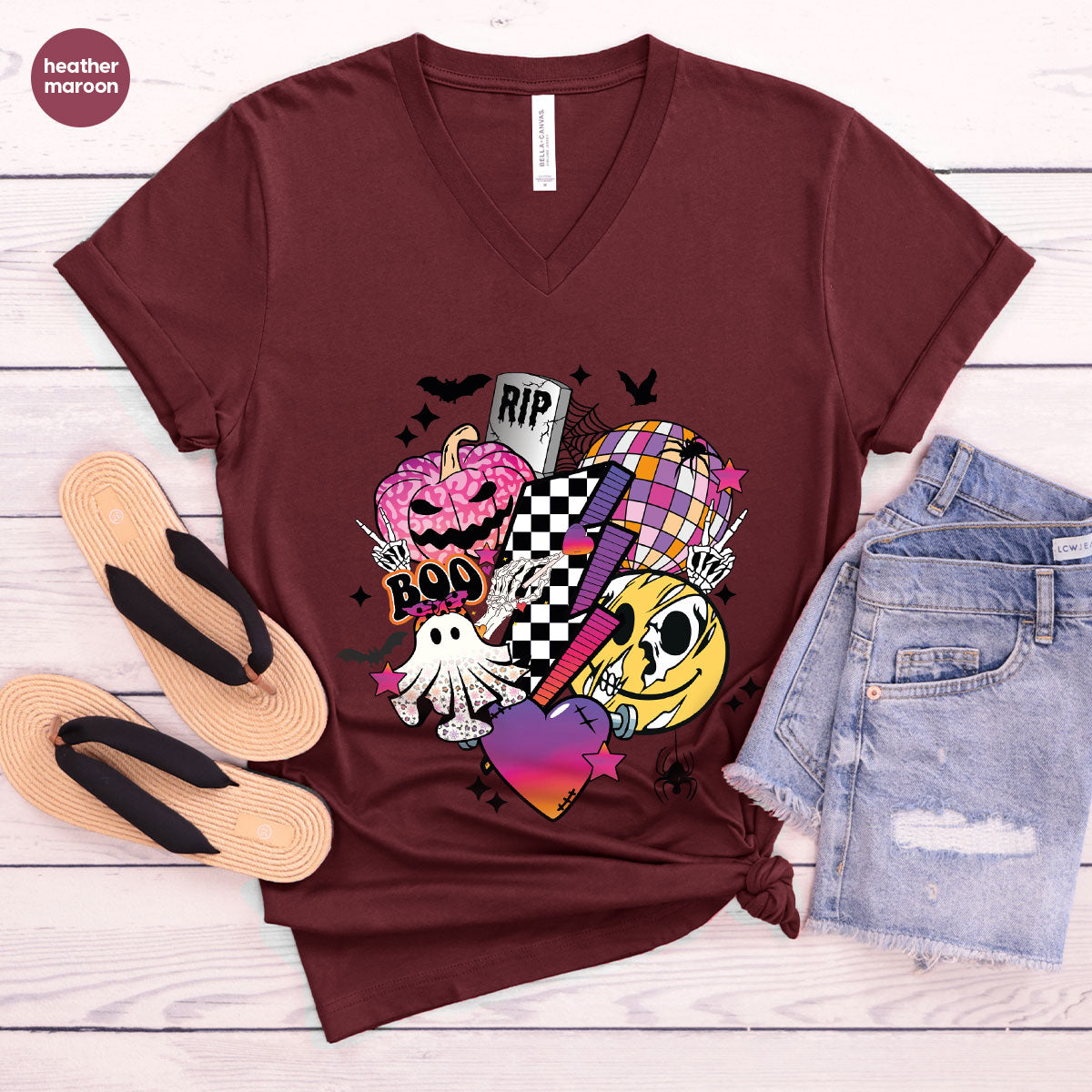 Halloween Shirt, Halloween Gifts, Spooky Season Shirt, Pumpkin Graphic Tees, Girls Fall Clothing, Halloween Party Outfit, Ghost Vneck Shirt