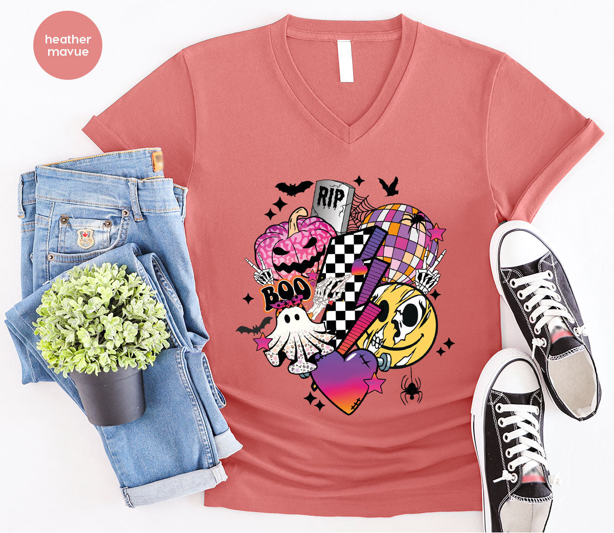 Halloween Shirt, Halloween Gifts, Spooky Season Shirt, Pumpkin Graphic Tees, Girls Fall Clothing, Halloween Party Outfit, Ghost Vneck Shirt