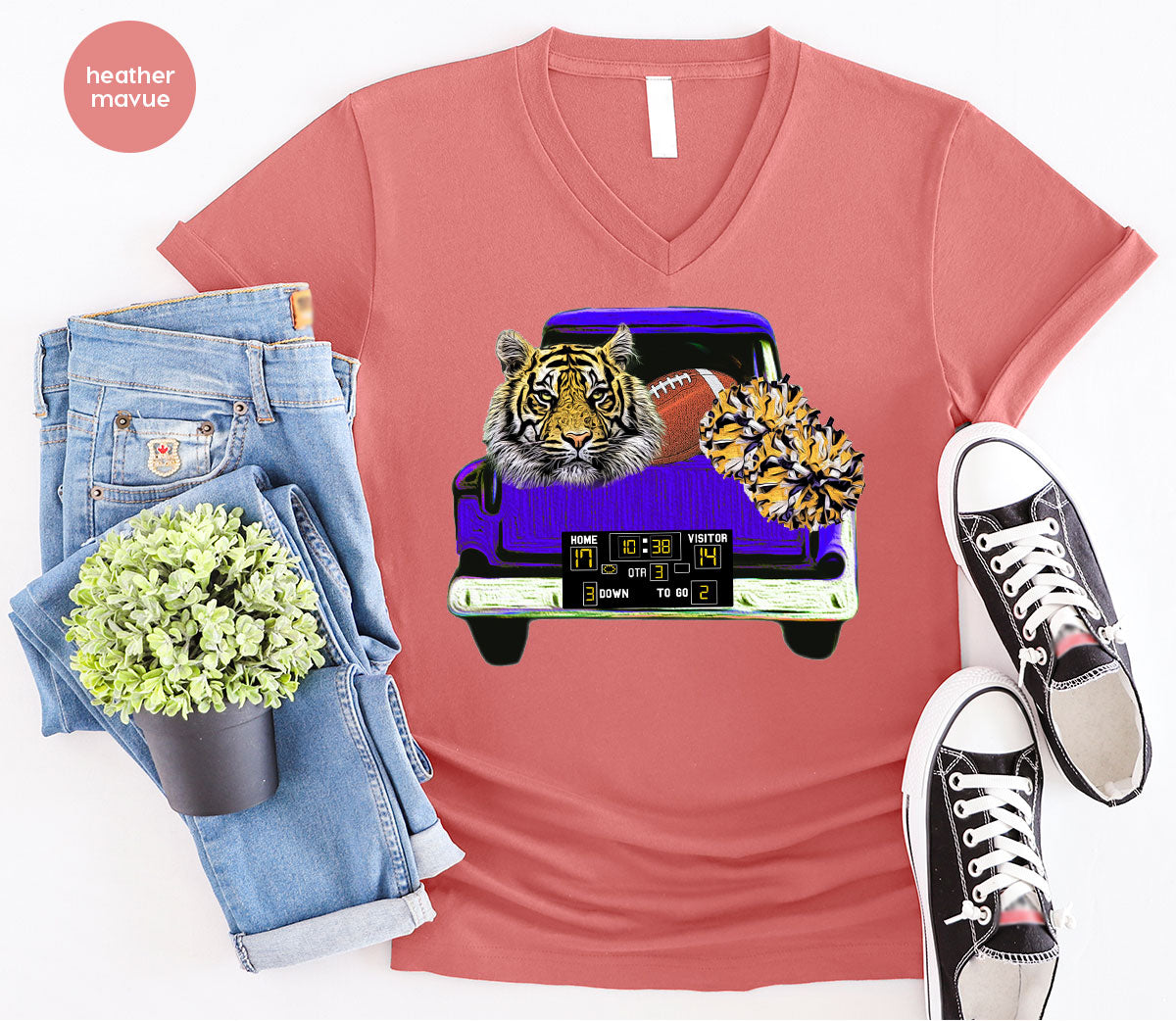 Football Truck Shirt, Tiger Graphic Tees, Football Mom TShirt, Football Gifts for Her, Cheer Vneck Shirt, Gift for Him, Sports Clothing
