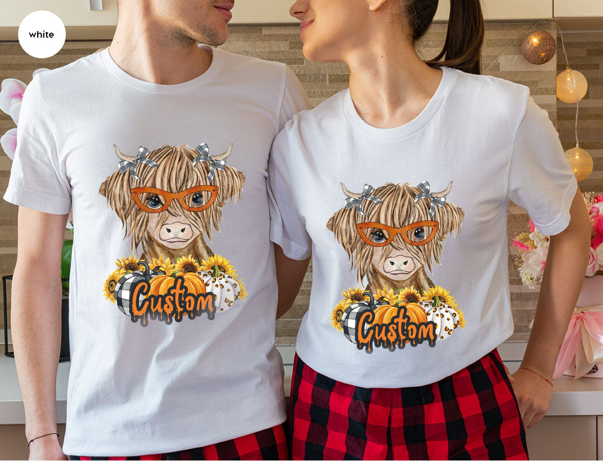 Custom Cow Shirt, Fall Graphic Tees, Personalized Farmer Gifts, Customized Pumpkin T-Shirt, Kids Farm Clothing, Thanksgiving Vneck Tshirt