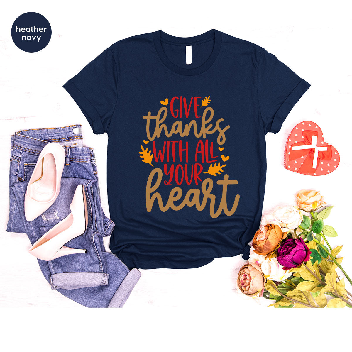 Cute Fall Clothing, Thanksgiving T-Shirt, Gift for Her, Leaves Graphic Tees, Autumn Outfit, Womens Vneck Shirt, Thankful Sweatshirt
