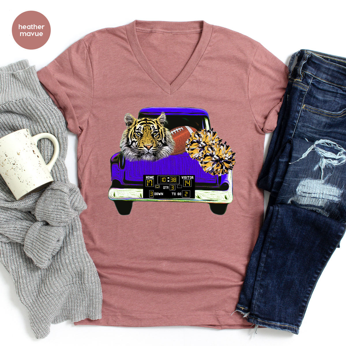 Football Truck Shirt, Tiger Graphic Tees, Football Mom TShirt, Football Gifts for Her, Cheer Vneck Shirt, Gift for Him, Sports Clothing