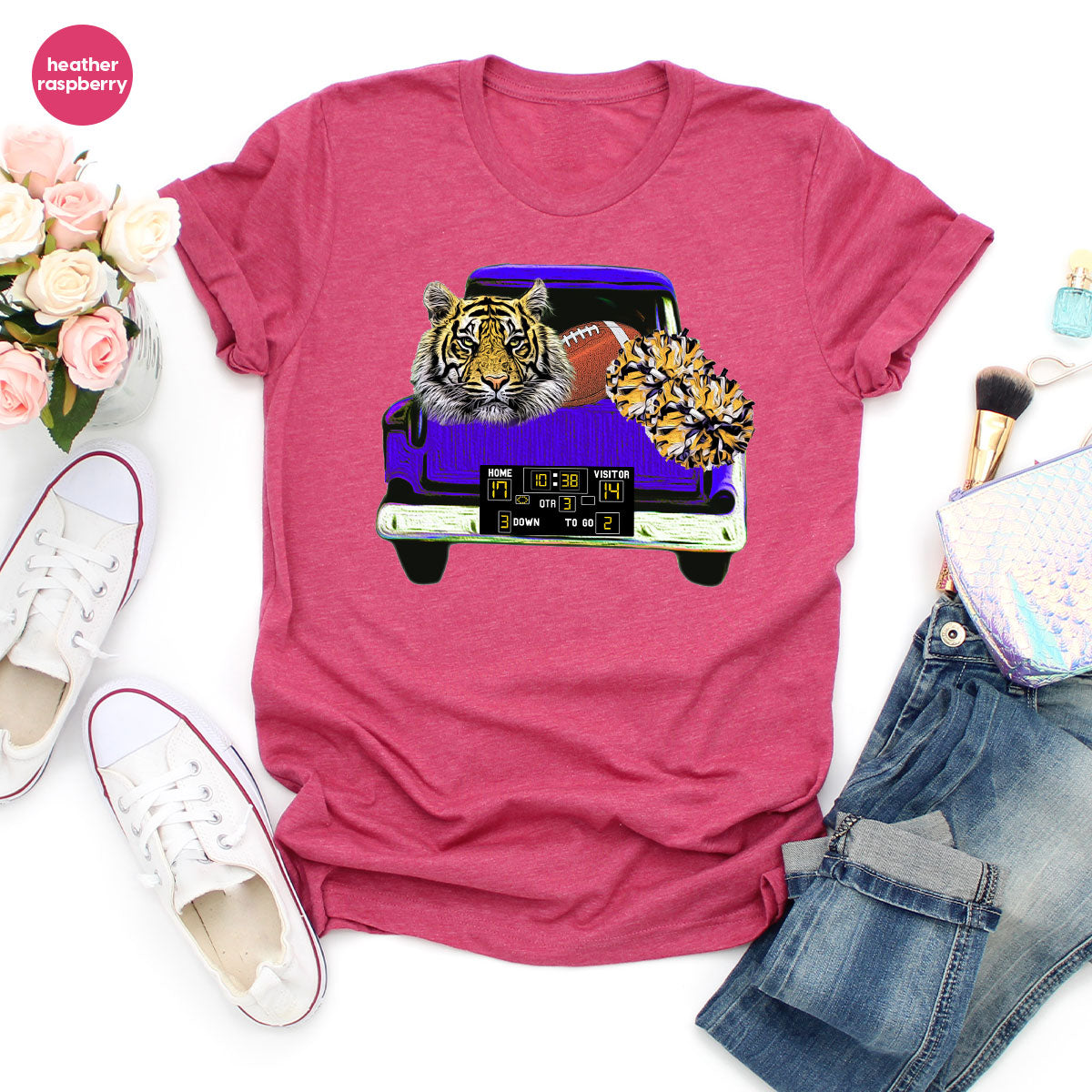 Football Truck Shirt, Tiger Graphic Tees, Football Mom TShirt, Football Gifts for Her, Cheer Vneck Shirt, Gift for Him, Sports Clothing