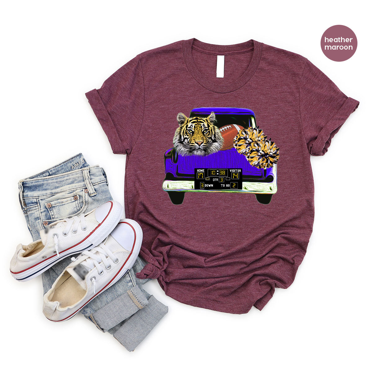 Football Truck Shirt, Tiger Graphic Tees, Football Mom TShirt, Football Gifts for Her, Cheer Vneck Shirt, Gift for Him, Sports Clothing