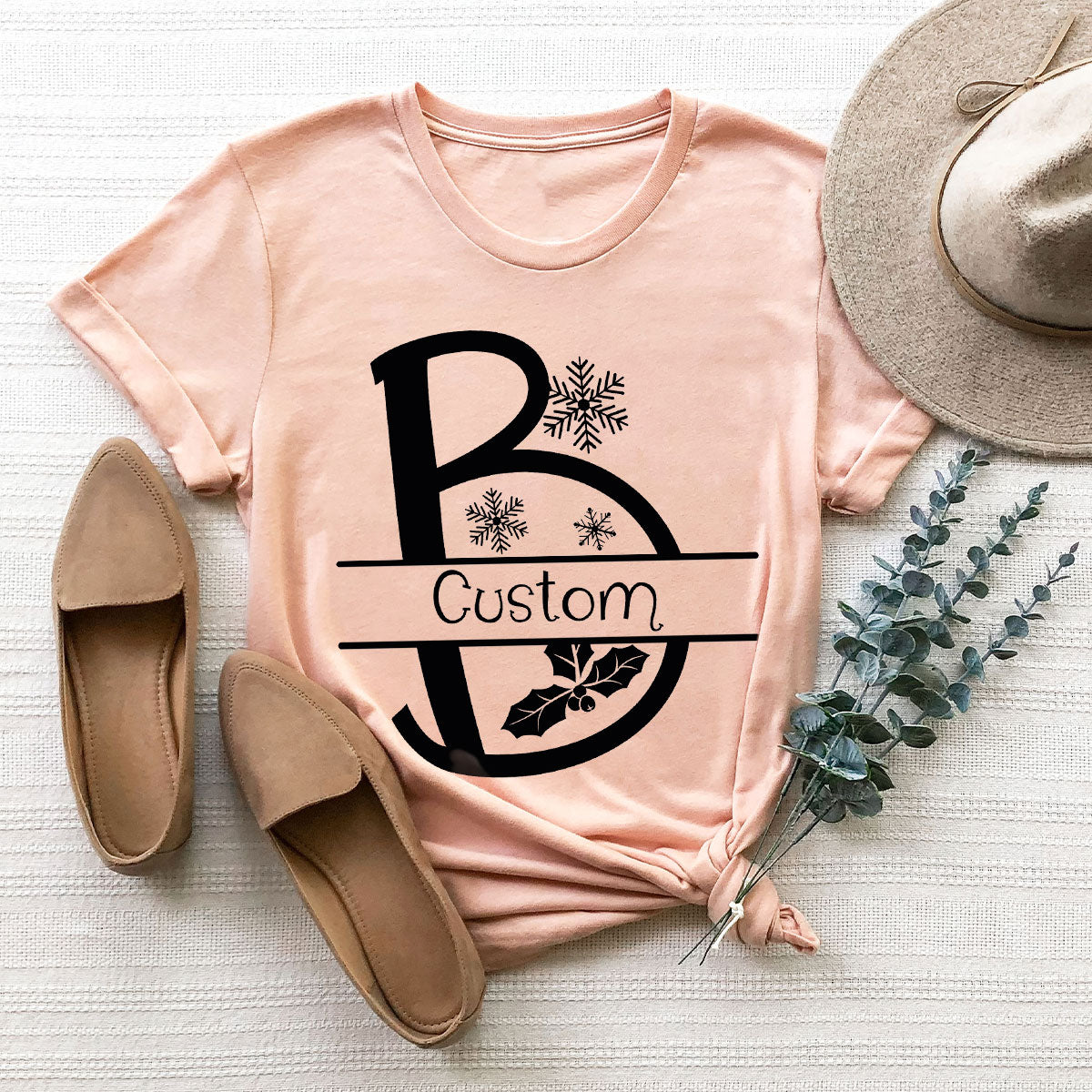 Custom Christmas T-Shirt, White Peach Design Shirt, Christmas Personalized Shirt