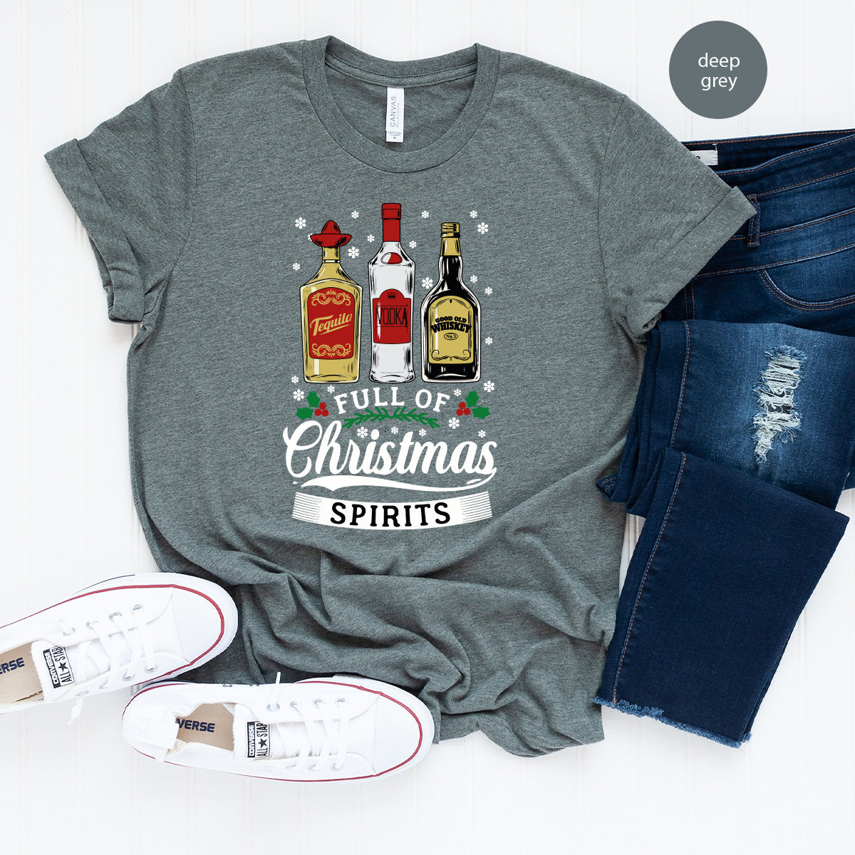 Tequila Vodka Whiskey T Shirt, Funny Christmas Shirt, Christmas Shirts, Drinking TShirt, Full Of Christmas Spirit Tee, Xmas Party T-Shirt - Fastdeliverytees.com