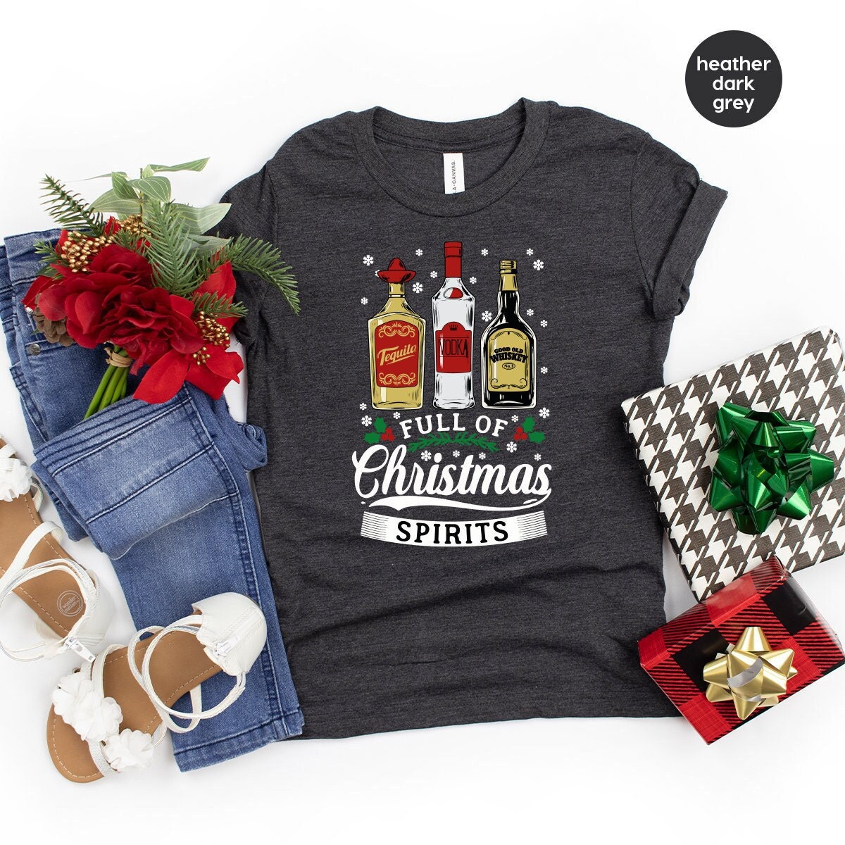 Tequila Vodka Whiskey T Shirt, Funny Christmas Shirt, Christmas Shirts, Drinking TShirt, Full Of Christmas Spirit Tee, Xmas Party T-Shirt - Fastdeliverytees.com