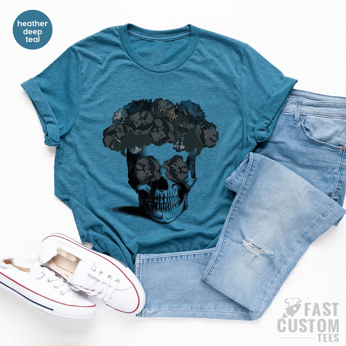 Halloween Shirt, Funny Skull Shirt, Skull Graphic T-Shirt, Gifts For Halloween, Flower Shirt, Floral Tshirt, Gothic Shirt, Fall Shirts - Fastdeliverytees.com