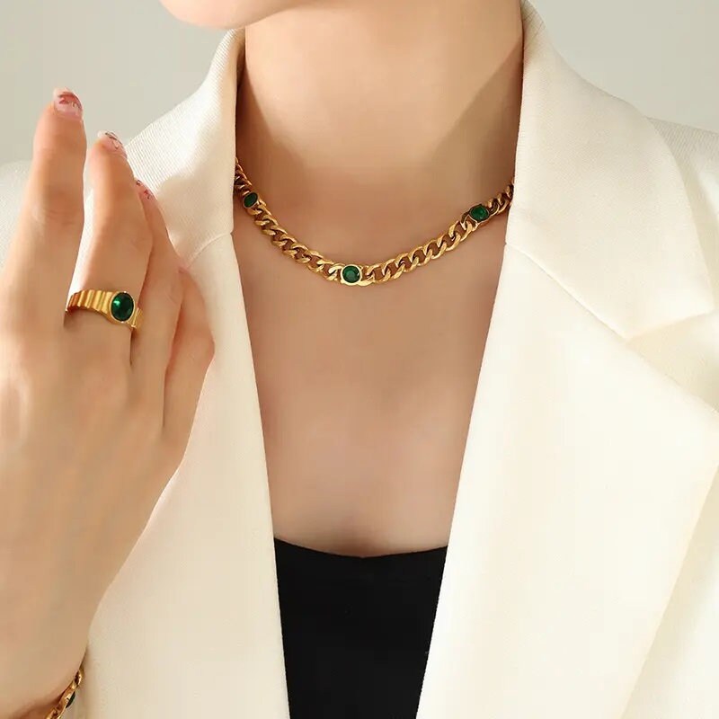 Curby Chain Necklace With CZ Stone, 18K Gold, Delicate Necklace, Gift For Her, Modern Necklace, Steel Waterproof Necklace, Unique Jewelry