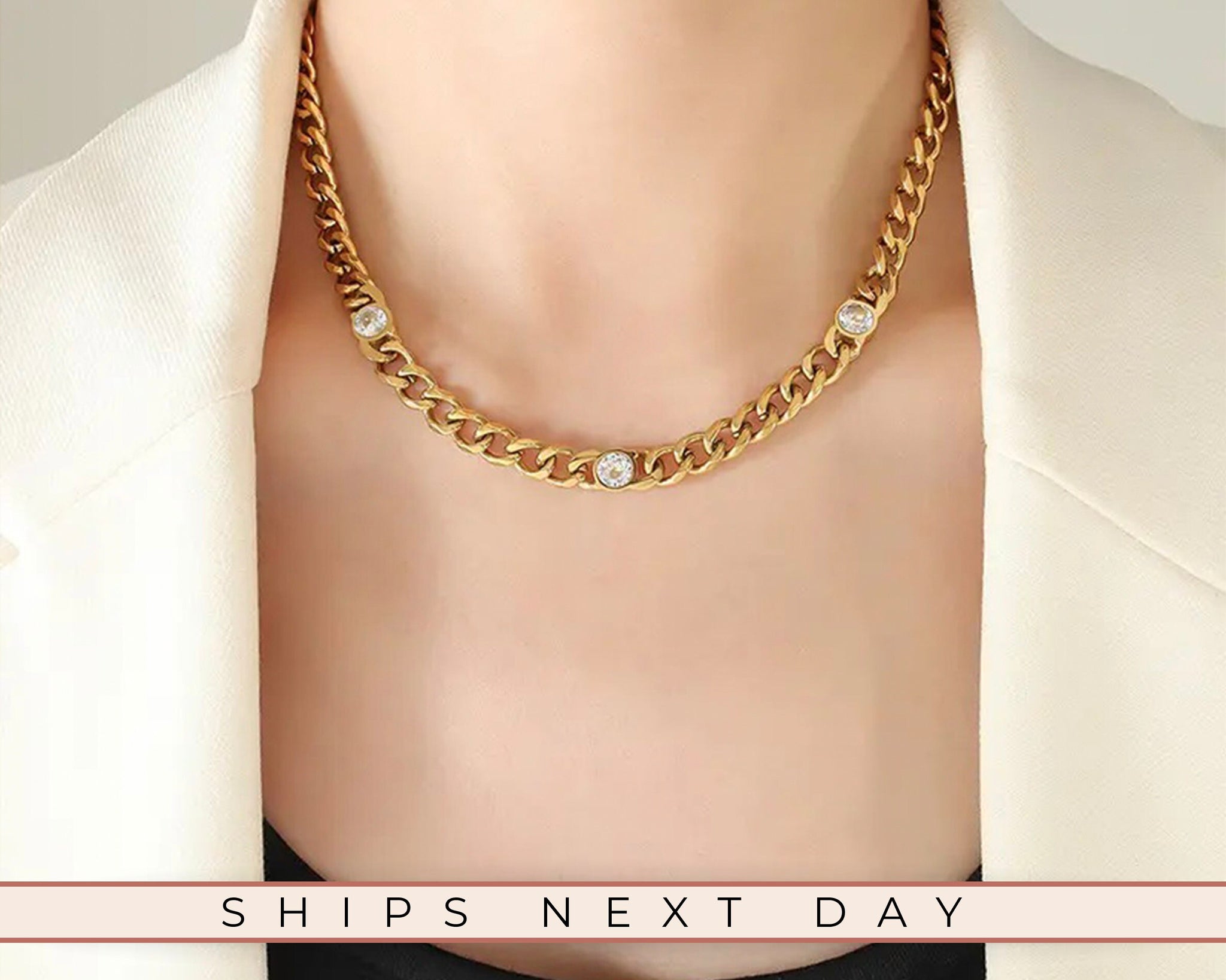 Curby Chain Necklace With CZ Stone, 18K Gold, Delicate Necklace, Gift For Her, Modern Necklace, Steel Waterproof Necklace, Unique Jewelry