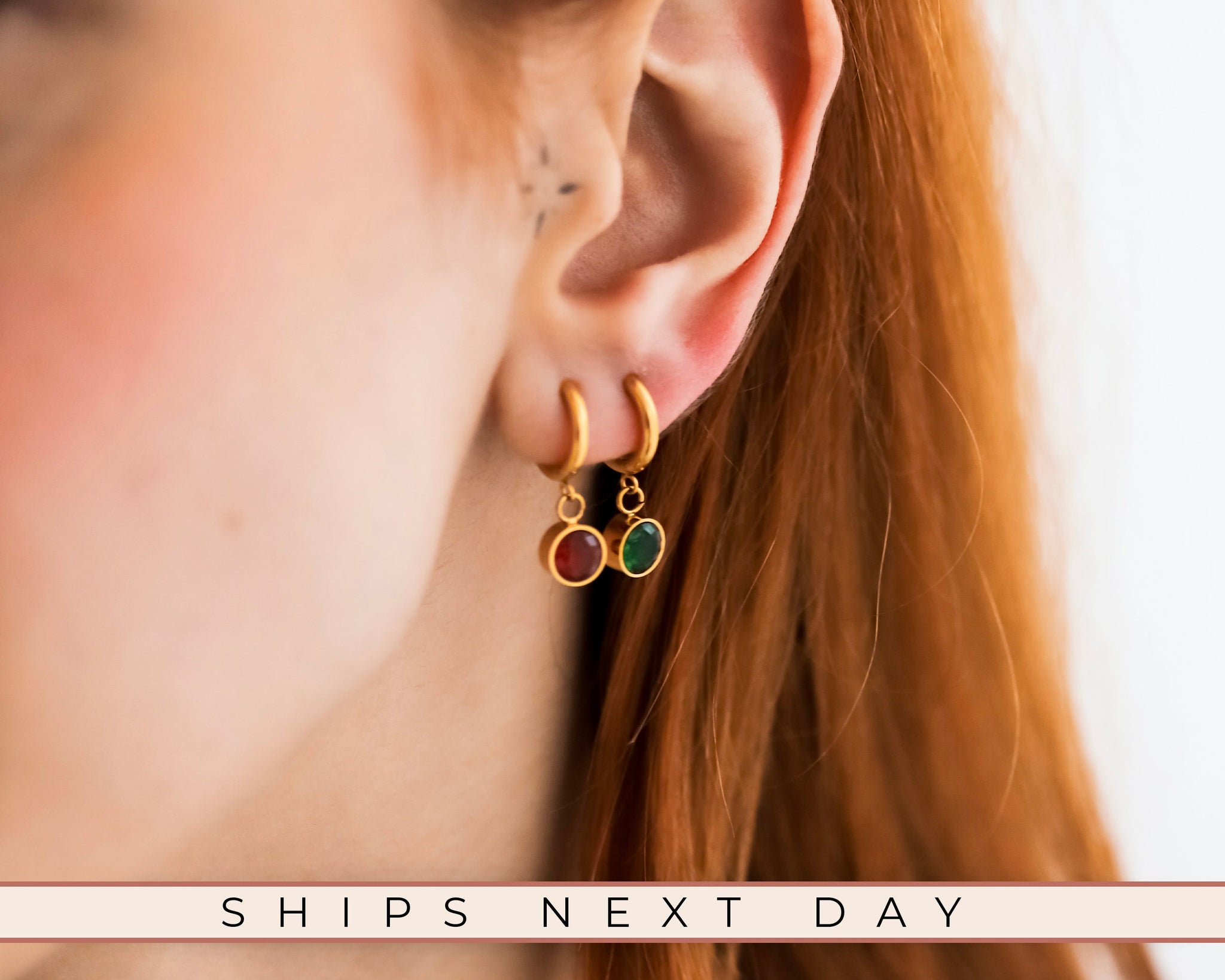 Birthstone Earrings, 18K Gold Hoop Earrings, Birthday Gift, Dainty Earrings, Gift For Mom, Colorful Circle Earrings,Steel Earrings For Women