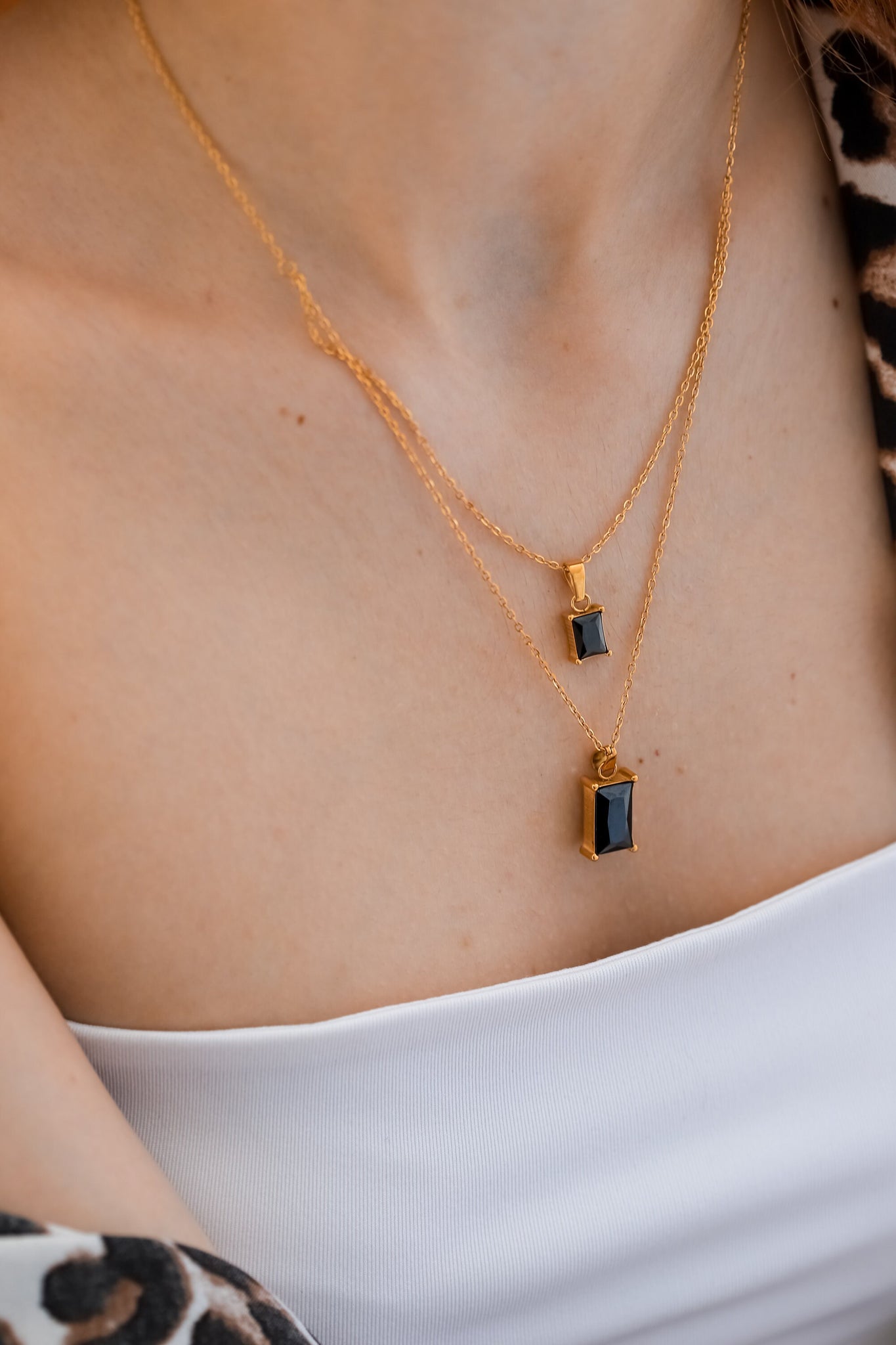 Black Stone Layered Necklace, 18K Gold, Double Layer Necklace, Dainty Necklace, Black Stone Pendant, Waterproof Necklace, Necklace For Mom