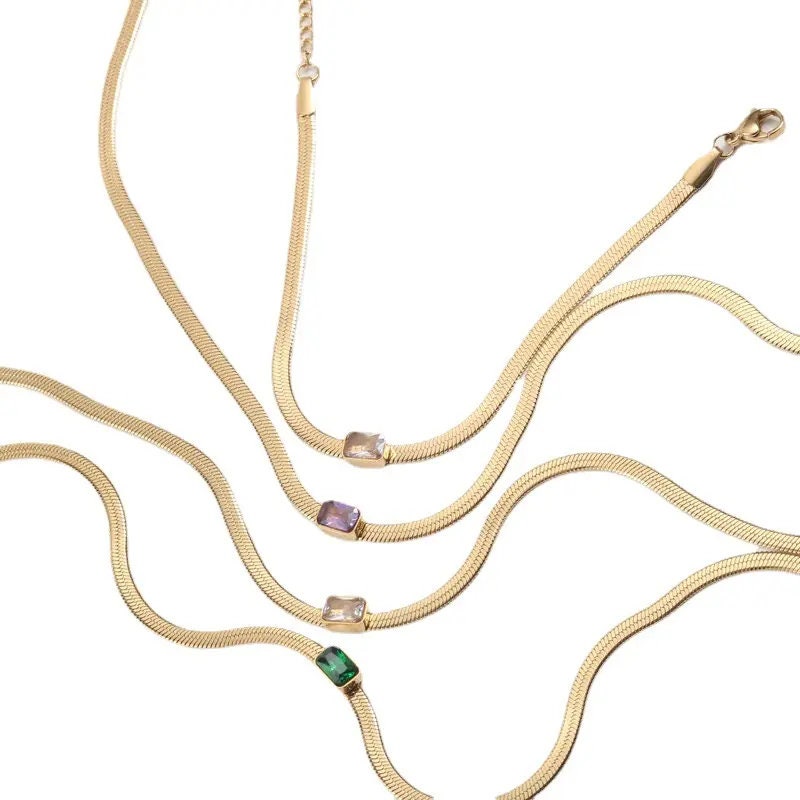 Crystal Rectangle Necklace, 18K Gold, Gift For Mom, Snake Chain Necklace, Crystal Pendant, Gift For Her, Dainty Necklace, Zirconia Necklace