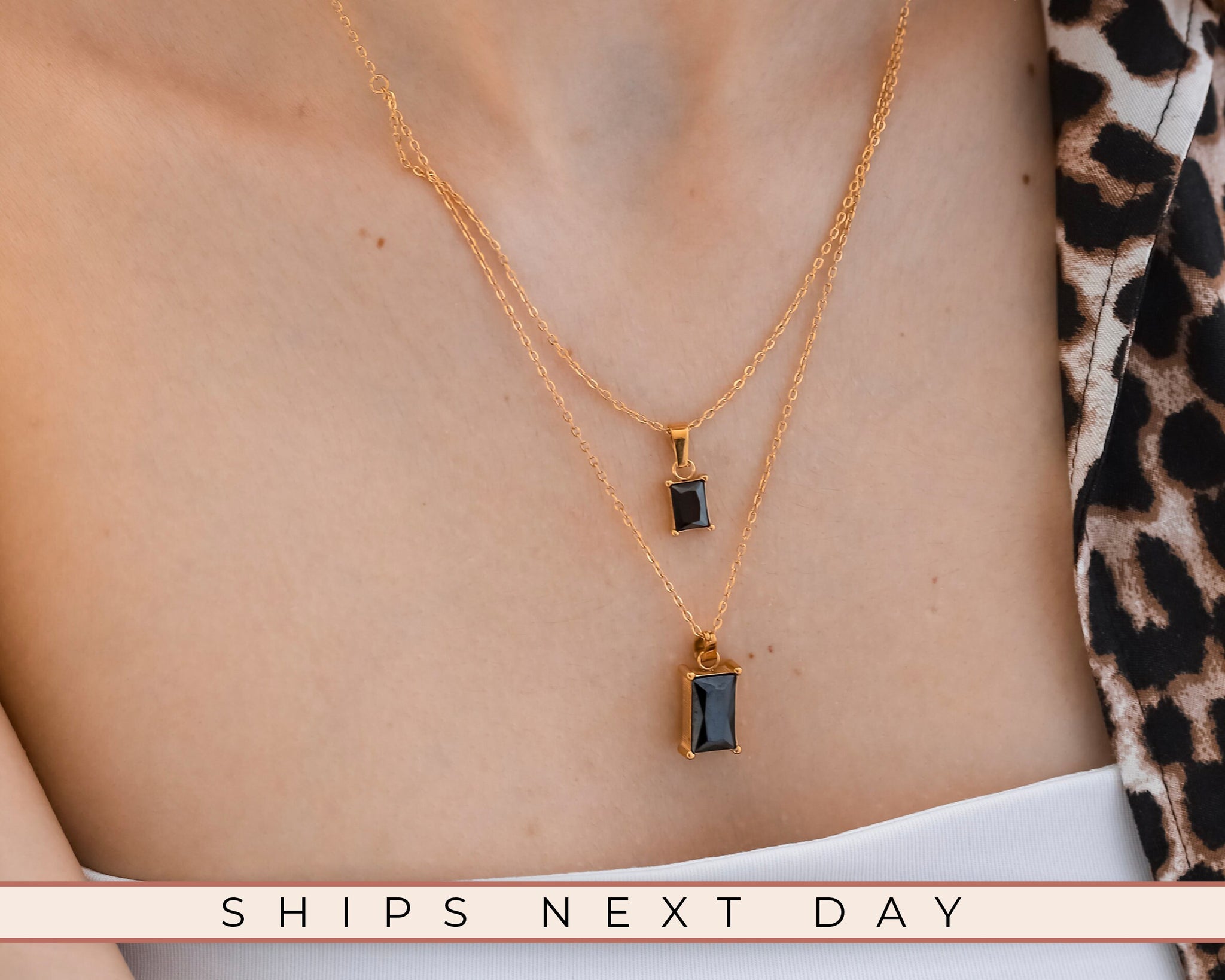 Black Stone Layered Necklace, 18K Gold, Double Layer Necklace, Dainty Necklace, Black Stone Pendant, Waterproof Necklace, Necklace For Mom